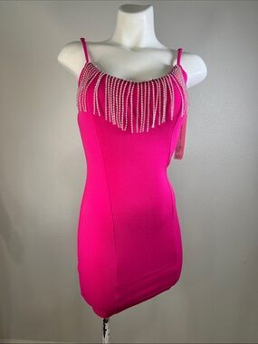 Almost Famous Hot Pink Fringe Beaded Mini Dress